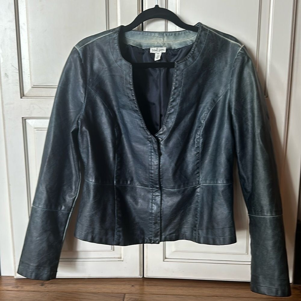 Tribal Jeans Womens Large Faux Leather Jacket Teal Blue Zip Collarless Moto Edgy